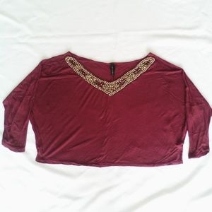 Oversize Burgundy Bead Embellished Scoop Crop Top Boat Neckline Batwing Pretty